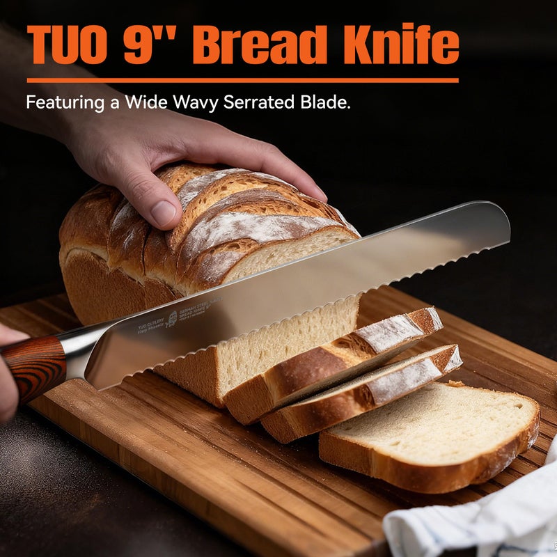 TUO Bread Knife, 9 inch Sharp Serrated Slicing Knife for Homemade Sourdough Bread, High Carbon German Steel, Ergonomic Handle, Gift Box Included - Image 2